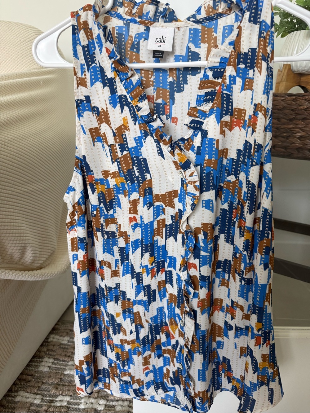 CAbi Printed Ruffle V-Neck Shell — Blue, Brown & White